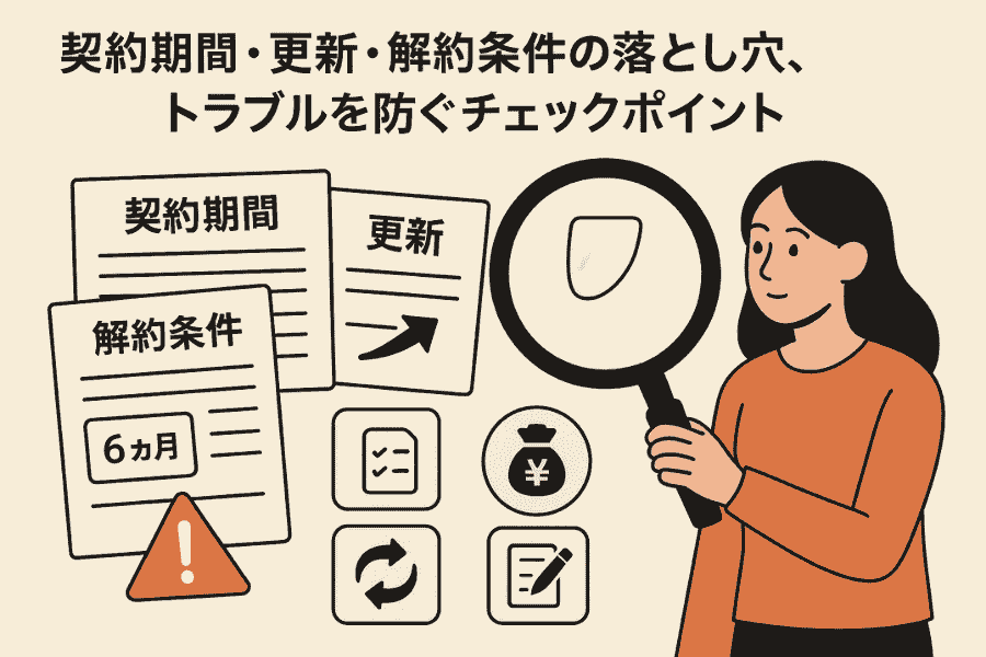 東京で安いバーチャルオフィスを契約する際に注意すべき契約期間・更新・解約条件に関するチェックポイントをまとめた画像
