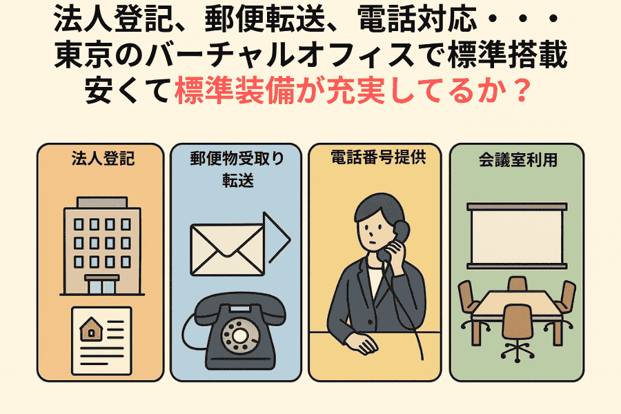 東京のバーチャルオフィスに標準搭載されている法人登記・郵便転送・電話対応など主要機能の特徴と注意点を解説する画像