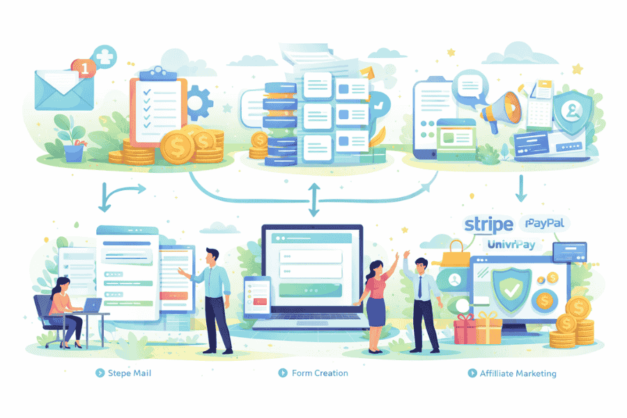 myaspスタンダードプランの代表的な機能や使い方（ステップメール、フォーム、決済連携、アフィリエイト管理など）を紹介する画像