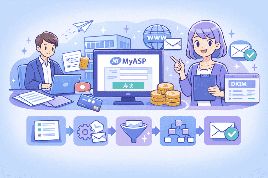 マイスピーのアカウント作成からメール配信開始までのステップを図解で解説する画像