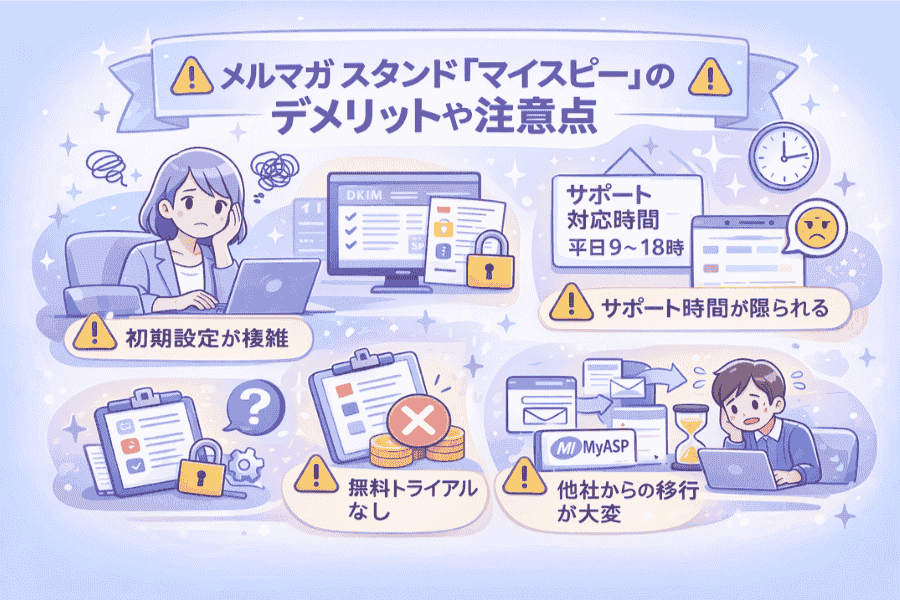 メルマガ スタンド「マイスピー」の初期設定やサポート対応、注意すべきデメリットを説明する画像