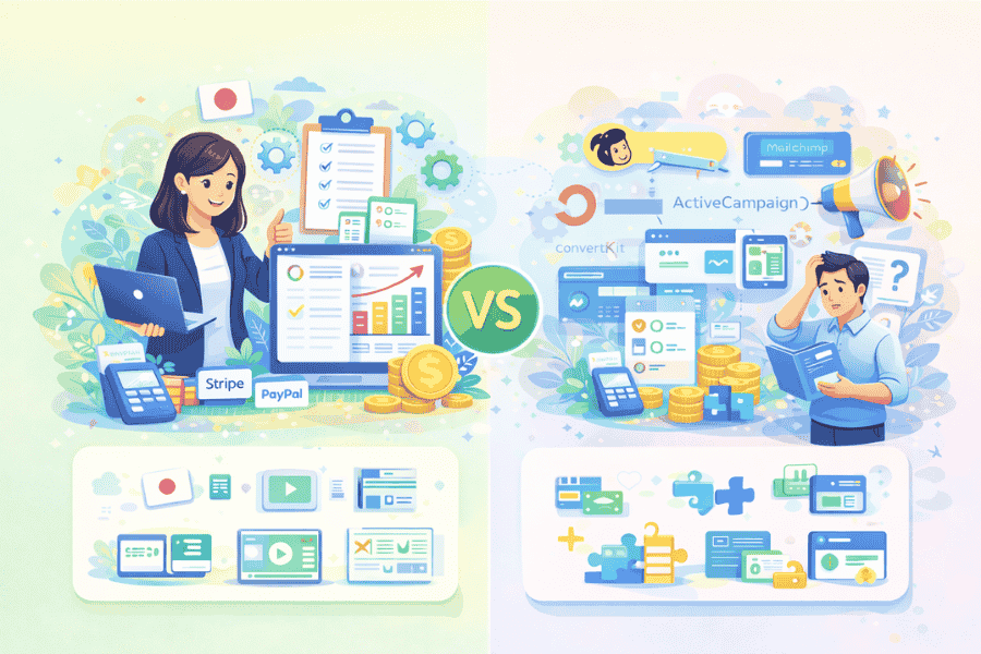 myaspスタンダードプランと海外・国内の他メール配信ツールを比較し、日本語対応・機能統合・価格面などの違いを紹介する画像