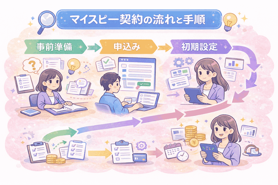 マイスピーの契約から申込み手順、初期設定、継続運用までの流れと全体像を解説する画像