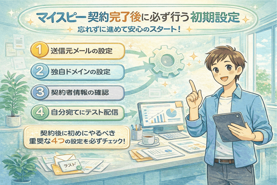 マイスピーの契約完了後に行うべき初期設定手順を説明する画像