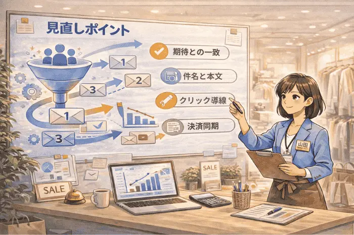 マイスピーでメルマガ配信の反応を改善するために最初の3通や件名と本文の一致など見直しポイントを解説する画像