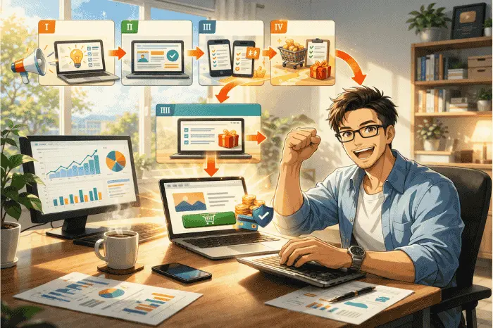 マイスピーでメルマガを活用した収益導線と販売までの流れを段階的に示した画像