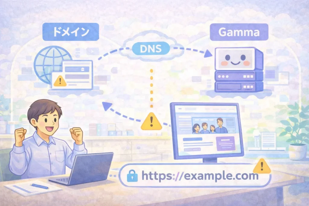 Gammaで作成したLPを独自ドメインで表示するためにエックスサーバーのDNS設定でGammaサーバーへ接続する仕組みを解説する画像