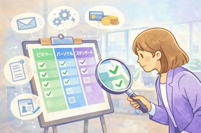 マイスピーの契約プランごとに異なる機能制限や利用可能なマーケティング機能を確認する重要性を解説している画像