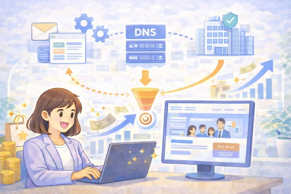 Gammaでカスタムドメインを設定して独自ドメインでLPを公開する流れとDNS接続のポイントをまとめた画像