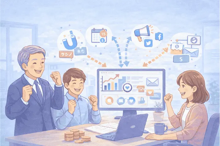 マイスピーでメルマガを長期運用し継続的に価値提供とリスト管理を行い安定した収益基盤を構築する流れを示した画像