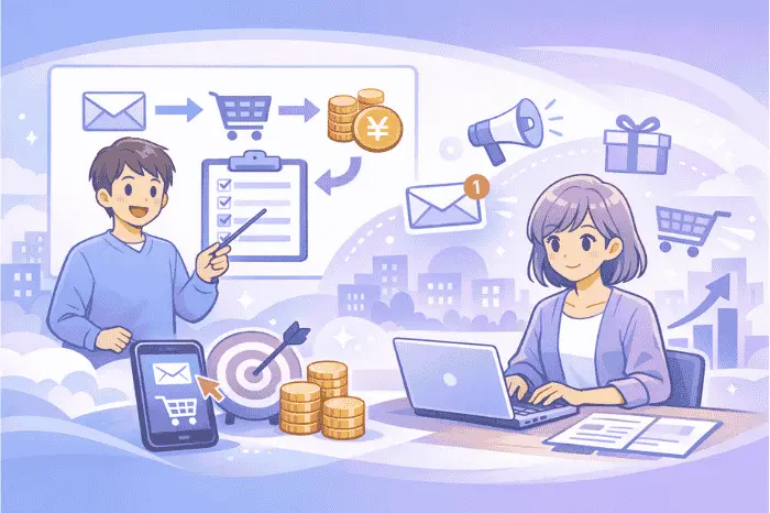 マイスピーでメルマガ運用の全体構造と登録から販売までの流れを図解した画像