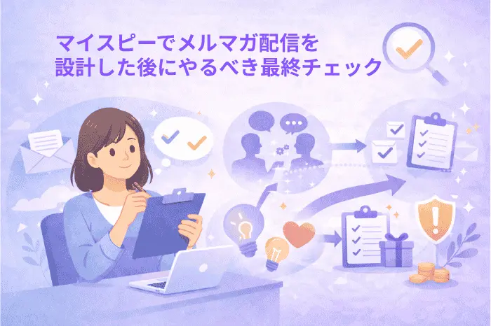 マイスピーでメルマガ配信を開始する前に全体の流れや整合性を確認する最終チェックポイントを解説する画像