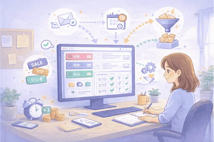 マイスピーでメルマガの管理機能と自動化を活用しシナリオや読者情報を整理して運用効率を高める仕組みを示した画像