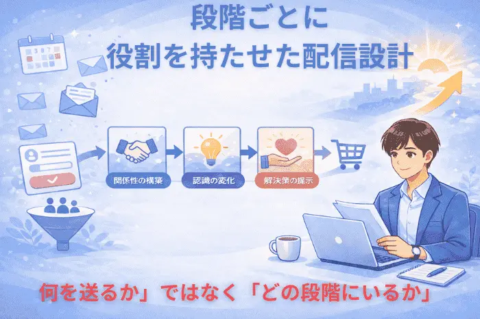 マイスピーでメルマガ配信の流れを関係構築・認識変化・解決策提示の3段階で設計する基本構造を解説する画像