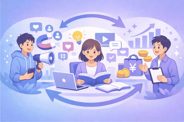 集客と教育と販売の流れを構造的に整理し、それぞれの役割とつながりを解説する画像