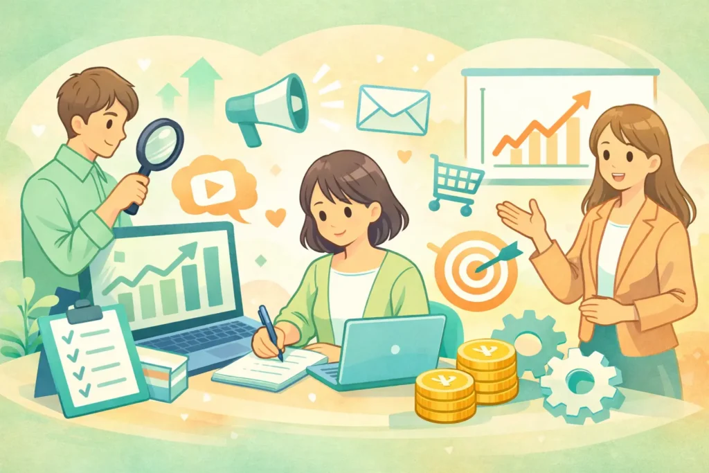 集客と教育と販売の流れを分析し改善と最適化で成果を最大化する実務視点を解説する図解画像