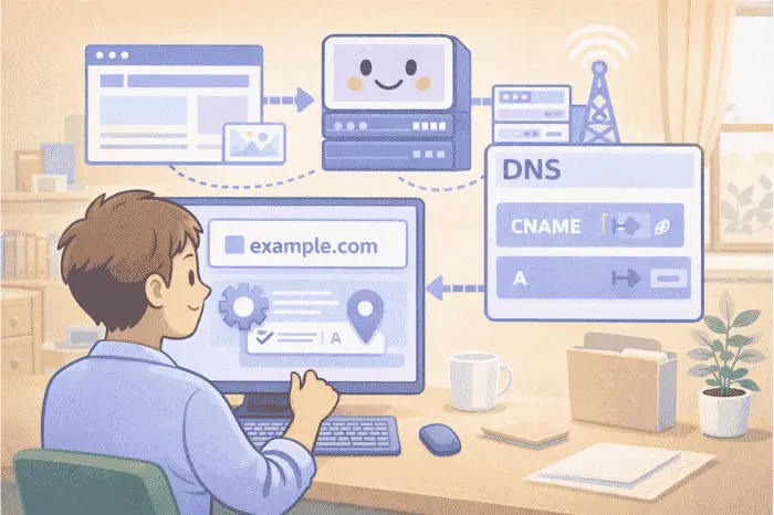 Gammaでカスタムドメインを設定する際の管理画面とDNS設定の流れを説明するイメージ画像