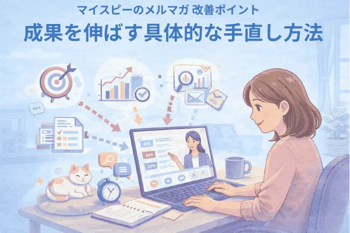 マイスピーでメルマガの開封率やクリック率などのデータを分析し改善ポイントを見直す流れを示した画像