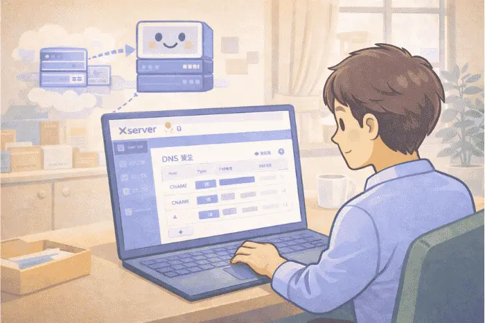 Gammaでカスタムドメインを利用するためエックスサーバーのDNSレコード設定画面で接続設定を行う流れを説明する画像