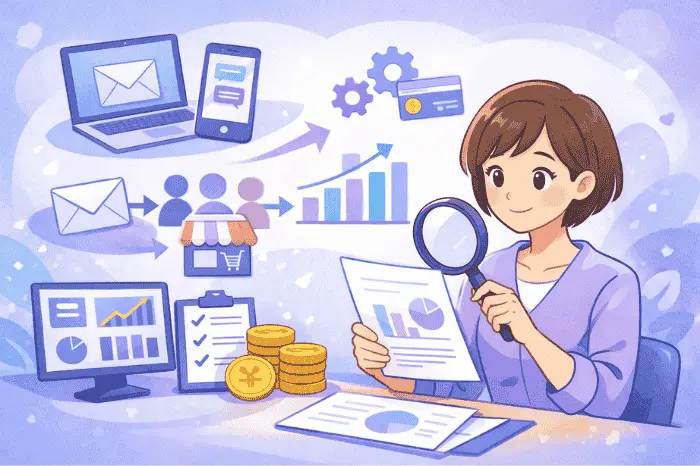 イスピーのプラン確認を行いながらビジネス規模や配信環境を整理する様子を示した画像