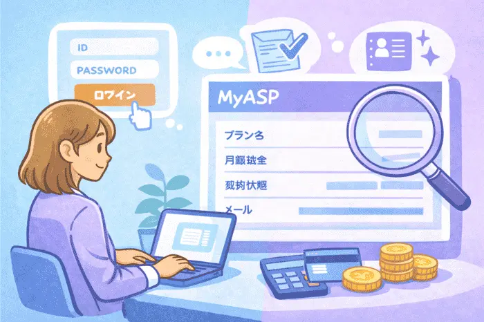 マイスピーの管理画面にログインしてマイページから契約プランや料金情報を確認する手順を解説している画像