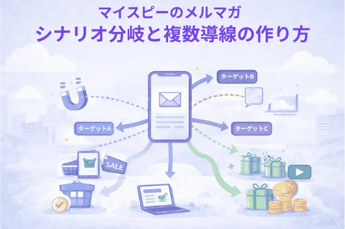 マイスピーでメルマガのシナリオ分岐と複数導線を読者の行動や登録経路ごとに最適化する仕組みを示した画像