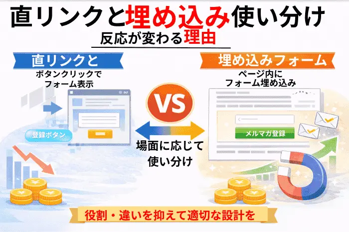 マイスピーのメルマガ登録フォームにおける直リンクと埋め込みの違いや、それぞれの特徴と登録率への影響を比較して解説する画像