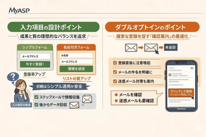 マイスピーのメルマガ登録フォームにおける項目数の違いとダブルオプトインの有無による登録率とリスト品質のバランスを解説した画像