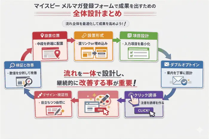 マイスピーのメルマガ登録フォームで成果を出すために設置位置・導線・項目設計・デザイン・改善までを一体化して最適化する全体設計を解説した画像