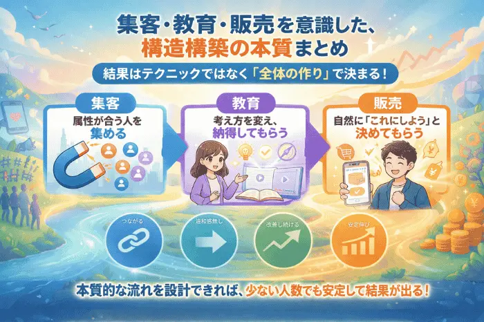 集客と教育と販売を一体化した構造構築の本質と全体設計の重要性を解説する図解画像