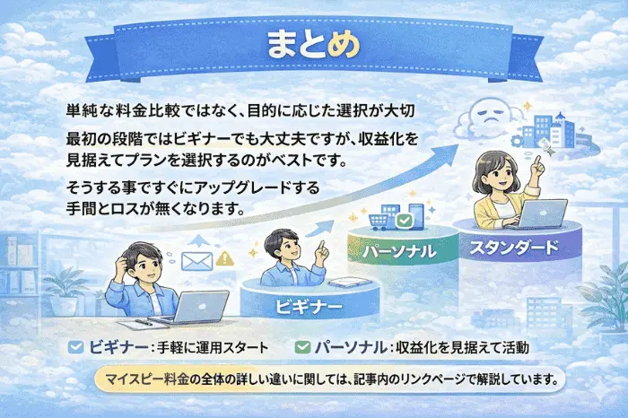 マイスピーのプランおすすめを運用目的とフェーズ別に整理しビギナーからスタンダード以上までの選び方をまとめた画像