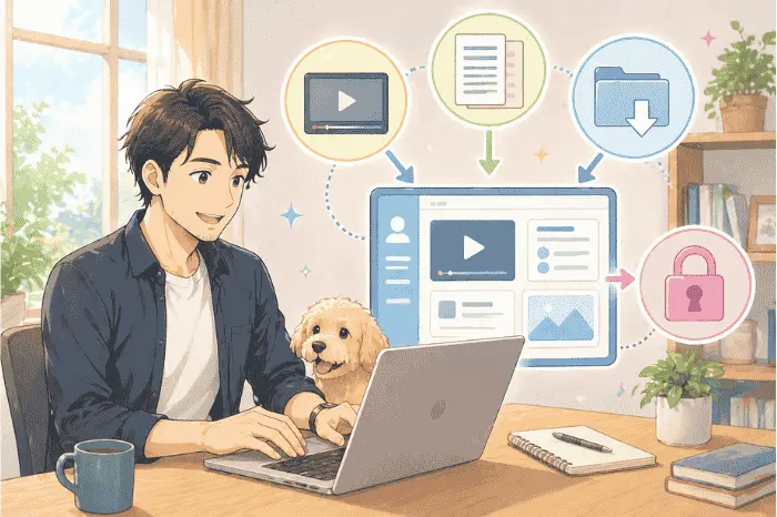 マイスピーの会員サイトで動画講座配信やコンテンツ管理、アクセス権限設定ができる仕組みを解説する画像