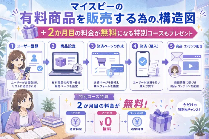 マイスピーの有料商品におけるユーザー登録から決済・配信までの流れをまとめた構造図を解説する画像