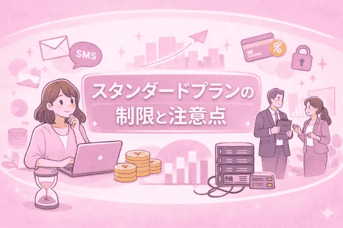 マイスピーでスタンダードプランの機能における配信数制限や追加費用条件などの注意点を整理した画像