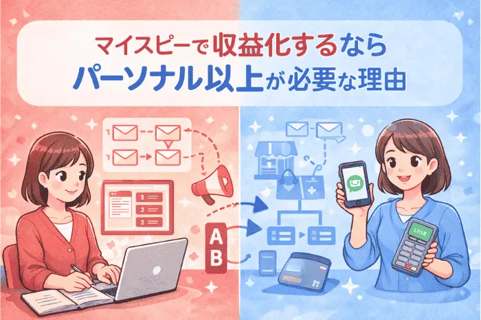 マイスピー ビギナー と パーソナル の違いから収益化に必要な機能や施策の幅を解説している内容を示した画像