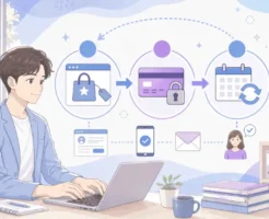 マイスピー サブスク 作り方の全体像として商品作成・決済設定・継続課金設定の3ステップを図解した画像