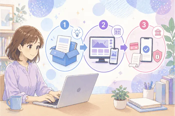 マイスピーで商品販売のやり方を3ステップで整理した全体像と手順を示した画像