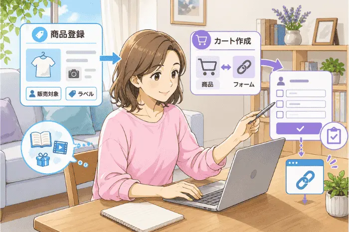 マイスピーでショッピングカートの商品登録からカート作成までの設定手順と流れを解説した画像