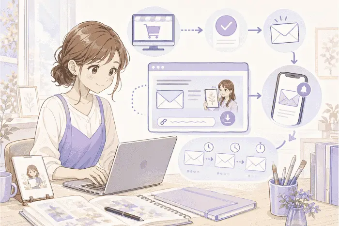 マイスピーでショッピングカートの決済後に行われる配信とフォローの流れやステップメール設定を解説した画像