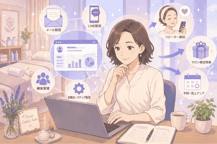 マイスピーでアフィリエイト設定後の導線設計やメルマガ配信による運用イメージを解説している画像