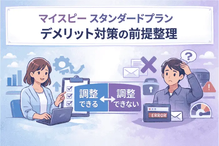 マイスピーのスタンダードプランにおけるデメリット対策として調整可能な設定領域と調整できない要因を整理して解説する画像
