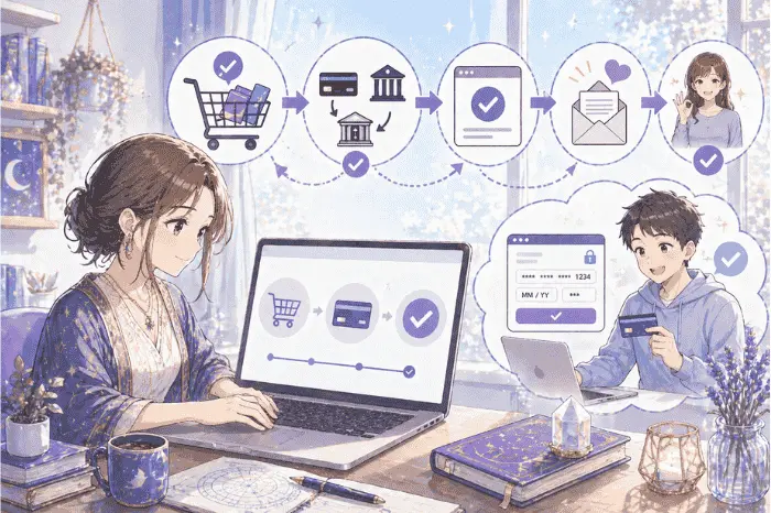 マイスピーでショッピングカートの決済設定から購入完了までの流れと確認ポイントを解説した画像
