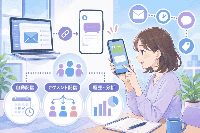 マイスピーとLINE連携で実現できるユーザー管理や配信設計の機能を具体的に解説する画像