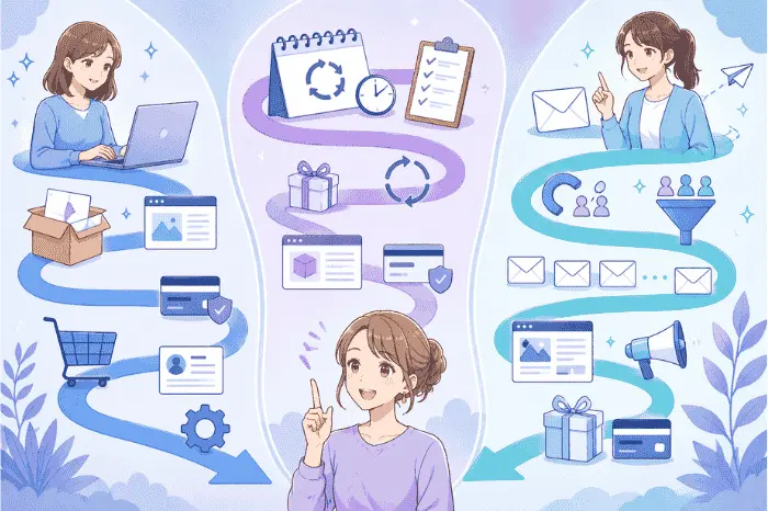 マイスピーで商品販売のやり方において販売ルートごとに異なる作業の順番を整理した画像