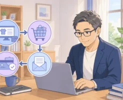 マイスピーでショッピングカートの販売フローである商品登録からカート作成、決済、配信までの流れを示した画像