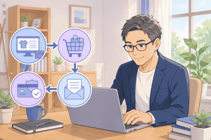 マイスピーでショッピングカートの販売フローである商品登録からカート作成、決済、配信までの流れを示した画像