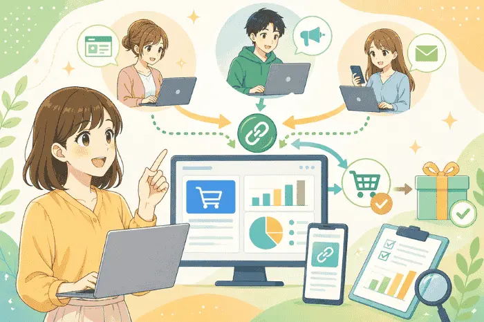 マイスピーでアフィリエイト設定を行い販売導線と成果管理の仕組みを解説している画像