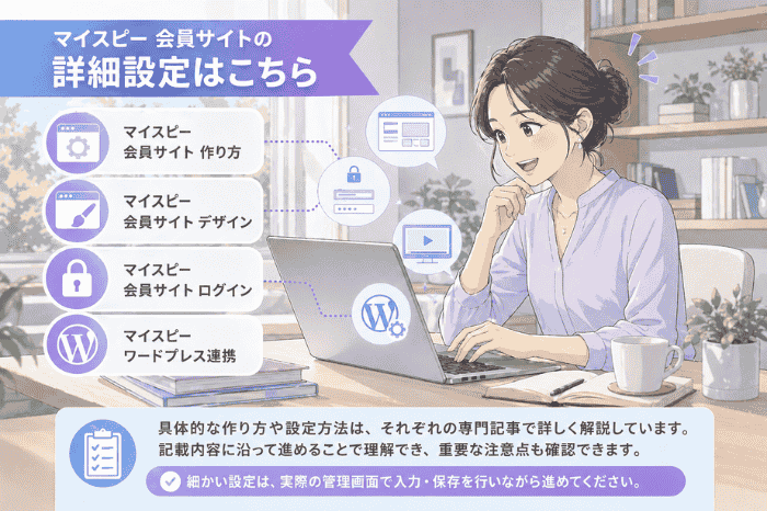 マイスピーの会員サイトの作り方やデザイン、ログイン設定、ワードプレス連携の詳細記事を案内する画像