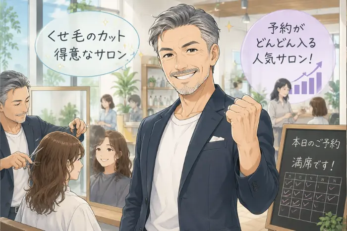 髪の広がりや白髪、くせ毛などの悩みから美容室のSEOキーワードを考えている画像