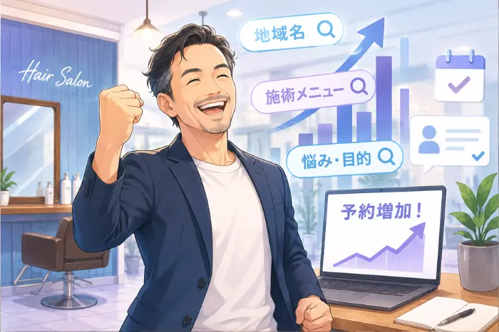地域名や施術メニュー、悩みを組み合わせた美容室のSEOキーワードで予約増加を目指している画像